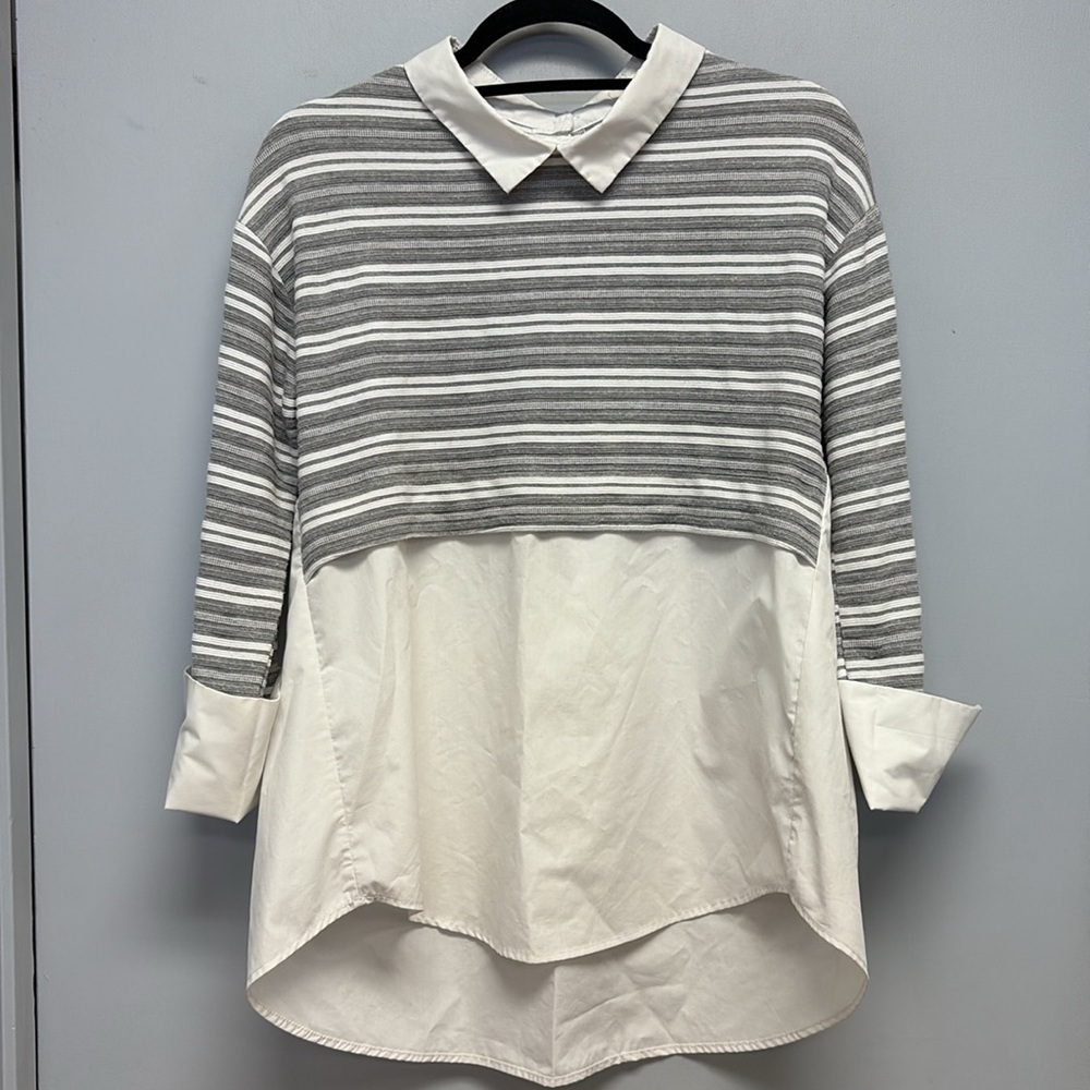 All:Row Layered Collared Blouse Pullover Knit Top Size Small